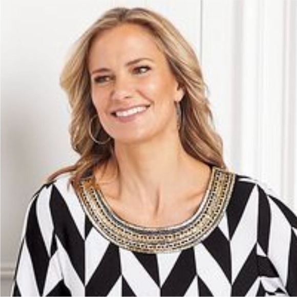 Anthony Richard’s 2X black white geometric print sequin collar tunic top - Picture 3 of 12